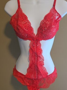 Very Sexy Victoria's Secret Red Lace and Beads Strappy Lace Teddy One Piece